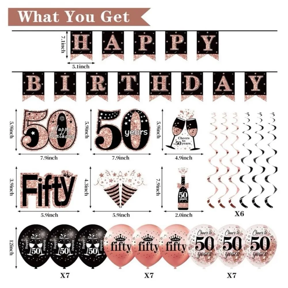 50th Birthday Decorations for Women Black Rose Gold Party Supplies Crown Sash